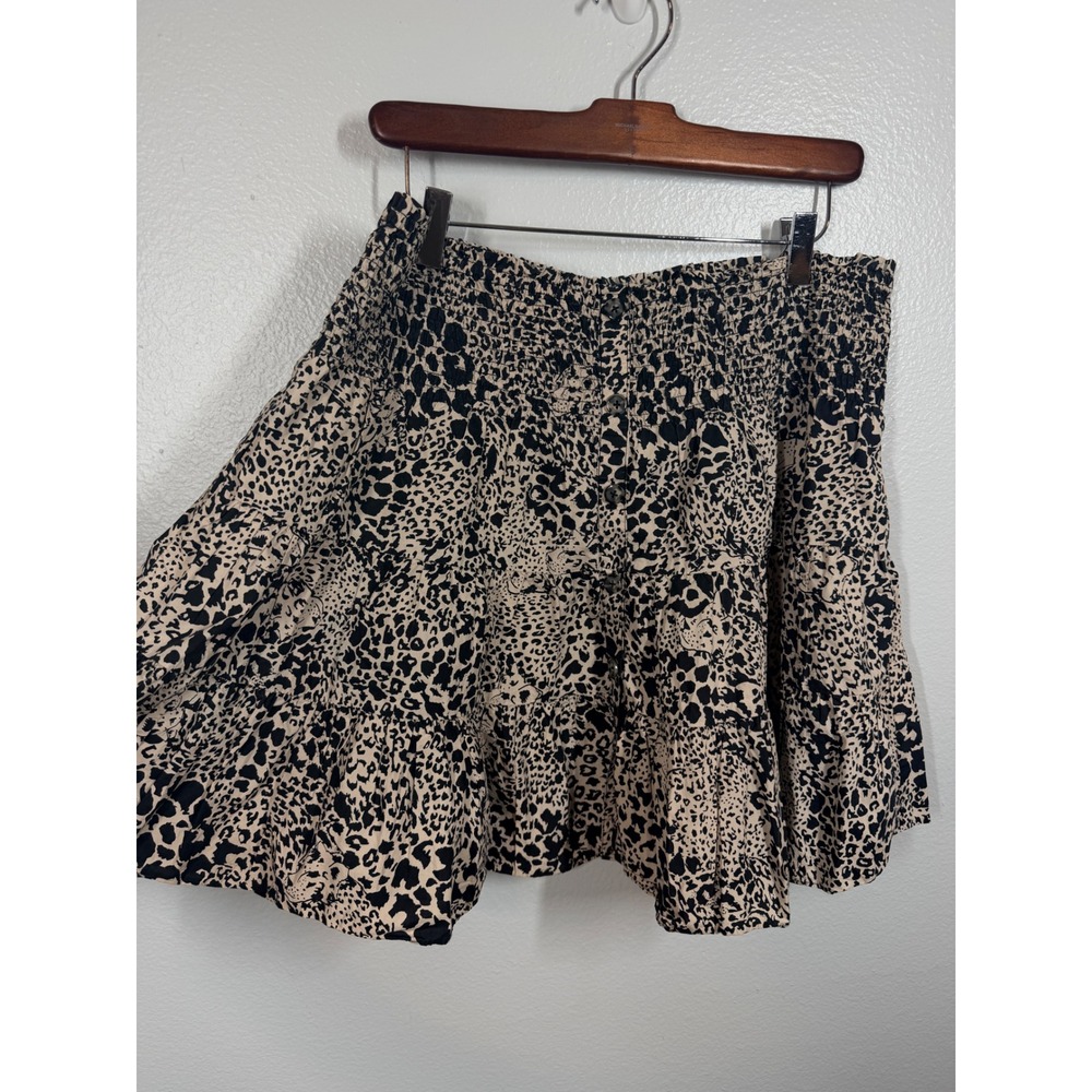 Rebecca Taylor Skirt Women's M Tan‎ Black Leopard Print Smocked Buttons Tiered